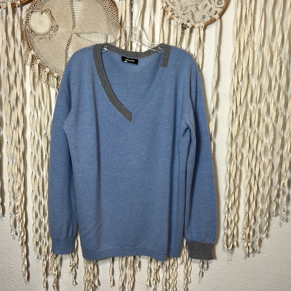 Naadam Light Blue and Gray V-neck Cashmere Sweater Size L/XL